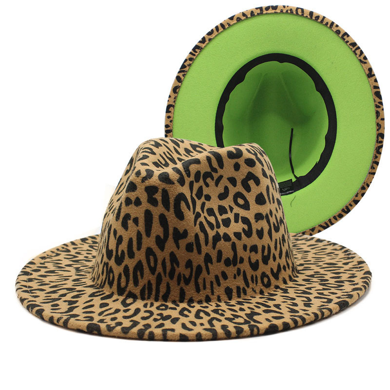 Double-sided leopard print woolen fedora hat autumn and winter British style men and women flat eaves cap broad-brimmed hat