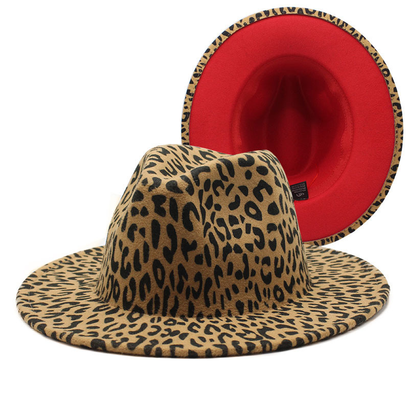 Double-sided leopard print woolen fedora hat autumn and winter British style men and women flat eaves cap broad-brimmed hat