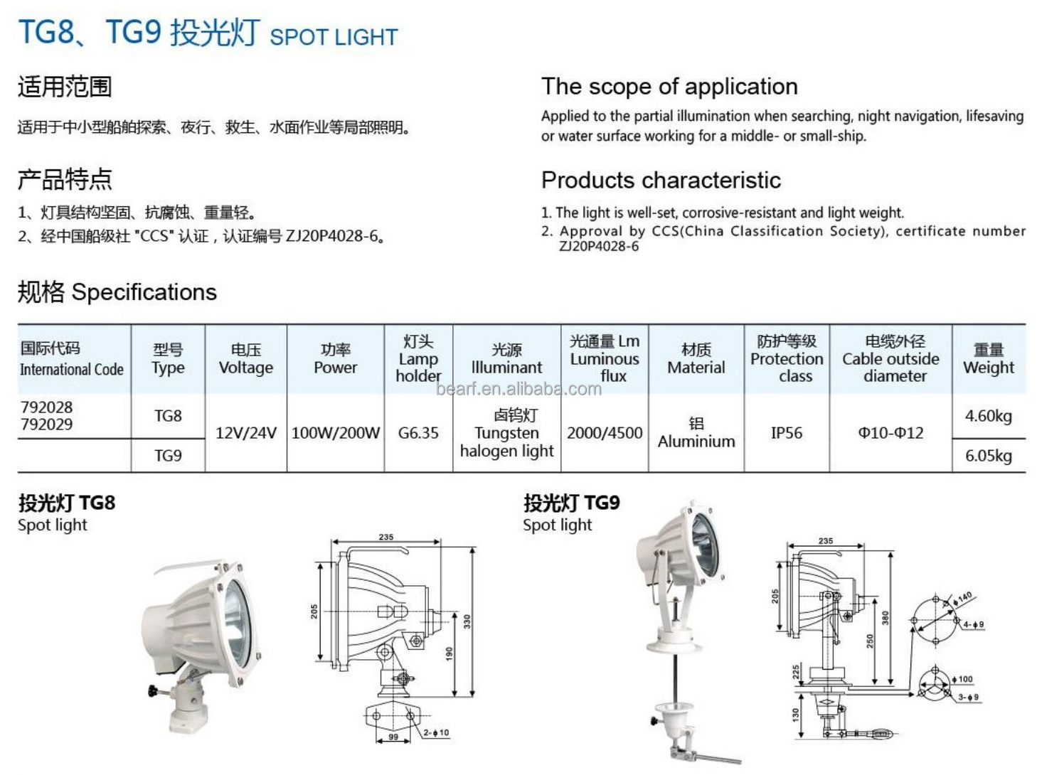 TG9 aluminum marine spot light 12V 24V 100W 200W manual joystick tungsten halogen lamp boat yacht ship vessel