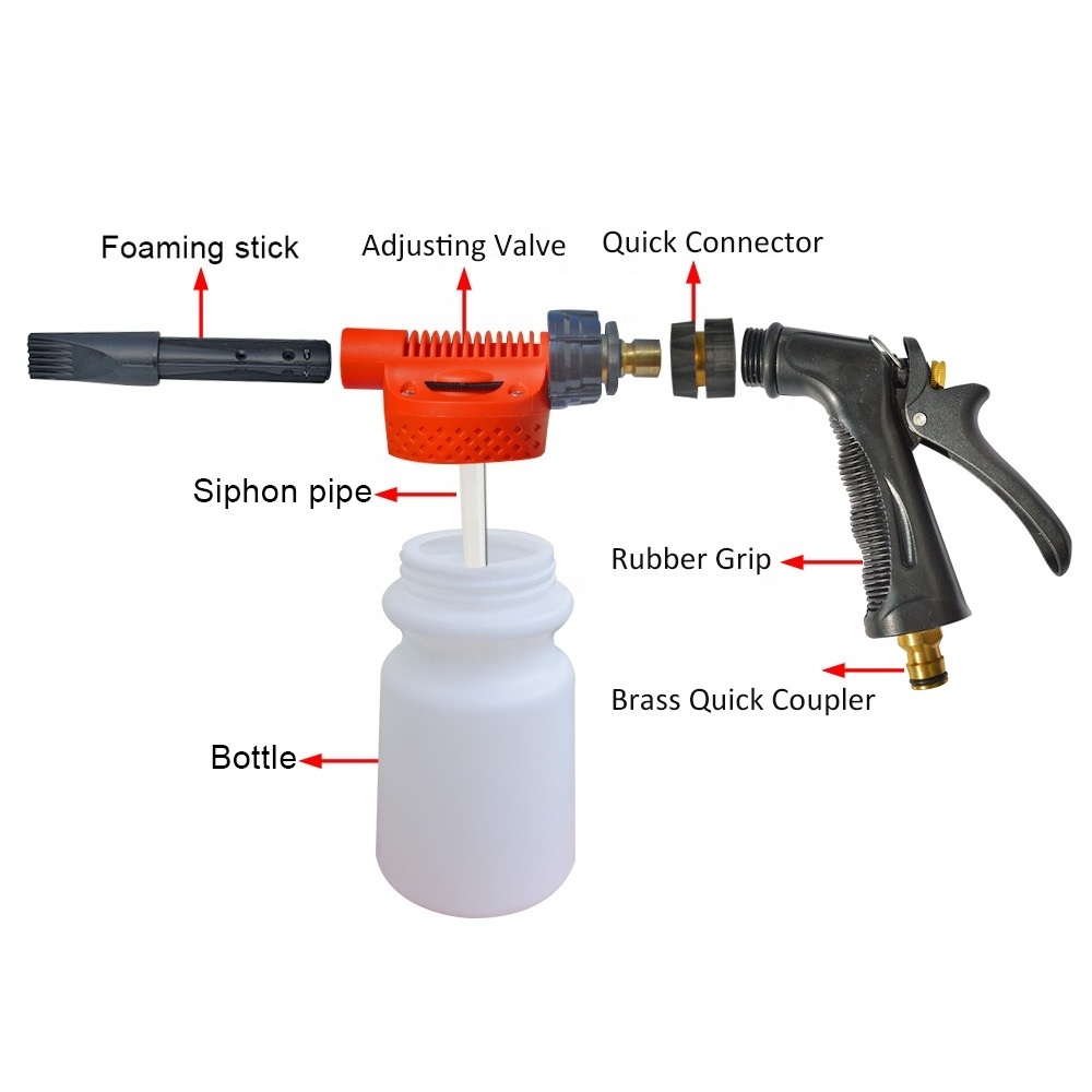 Garden Hose Low Pressure Foam Gun Car Wash Adjustable Soap Gun Snow Foam Lance Foam Cannon Water Sprayer with 1L 32 oz Bottle