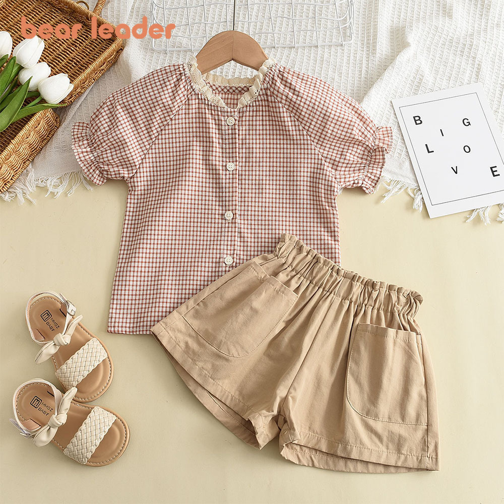 Bear Leader Summer New Girls Suit Fashionable And Foreign Cute Fasual Lace Collar Plaid Short Sleeve Suit