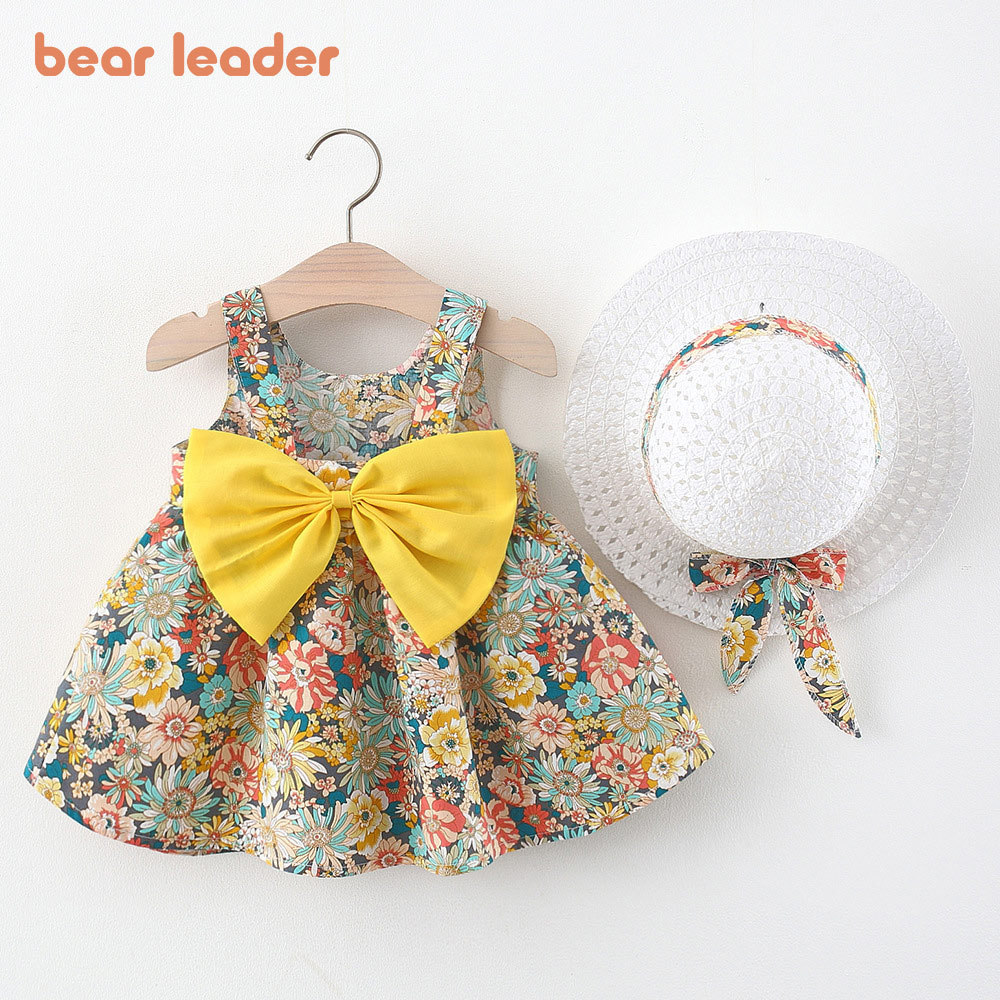 Bear Learder Summer Toddler Girl Clothes Set Baby Beach Dresses Bow Floral Cotton Newborn Princess Dress + Sunhat Kids Clothes