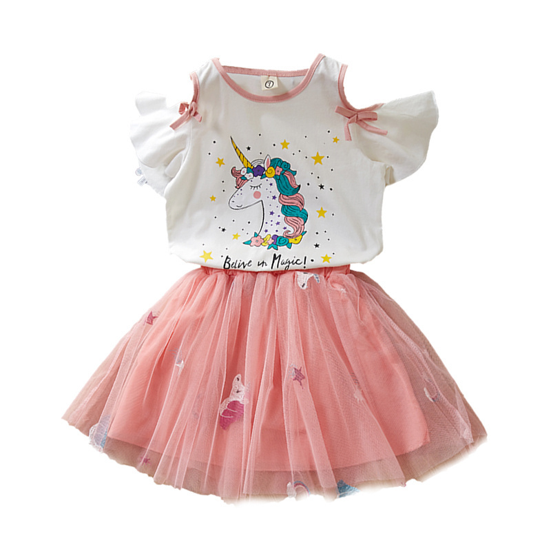 Princess skirt girls cartoon sleeve letter T-shirt + cartoon embroidery skirt 2 piece dress