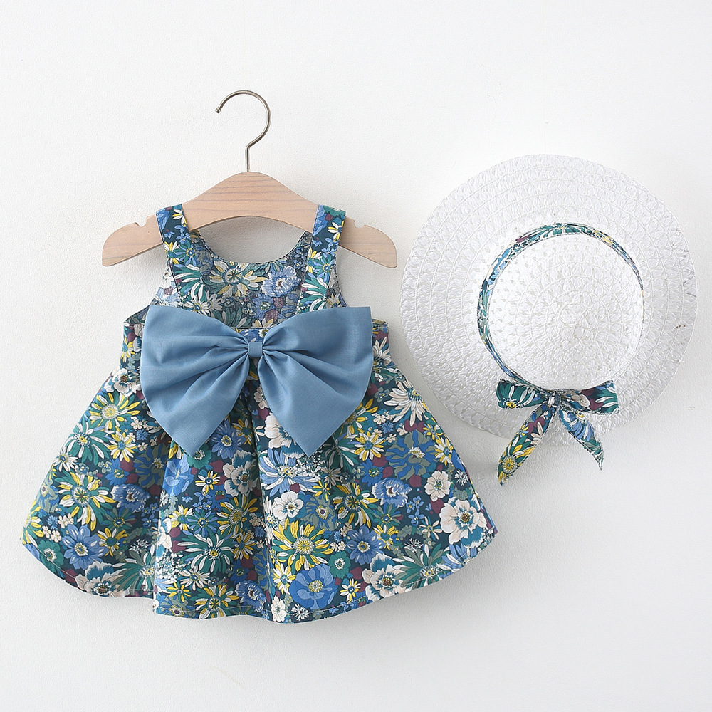 Bear Learder Summer Toddler Girl Clothes Set Baby Beach Dresses Bow Floral Cotton Newborn Princess Dress + Sunhat Kids Clothes