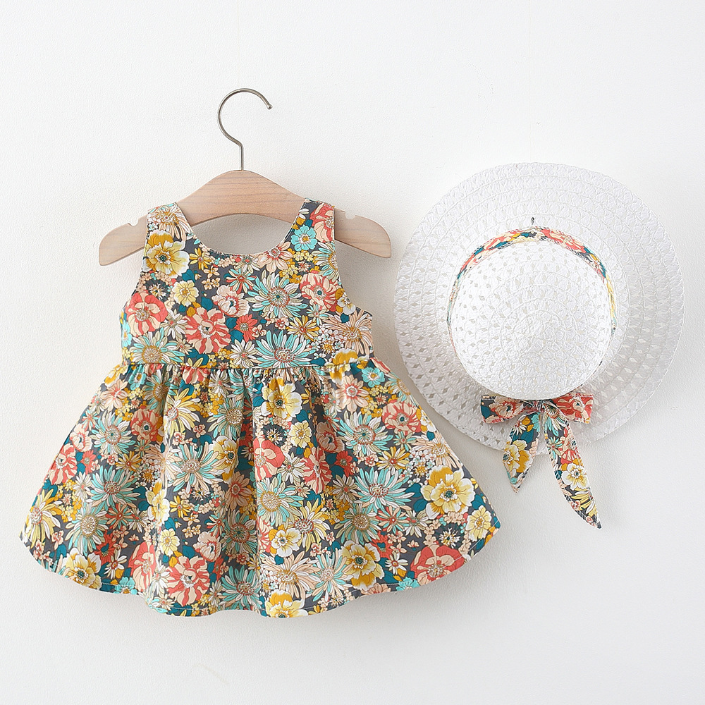 Bear Learder Summer Toddler Girl Clothes Set Baby Beach Dresses Bow Floral Cotton Newborn Princess Dress + Sunhat Kids Clothes