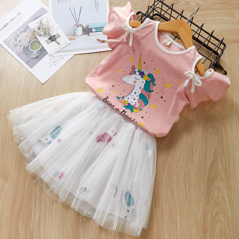 Princess skirt girls cartoon sleeve letter T-shirt + cartoon embroidery skirt 2 piece dress