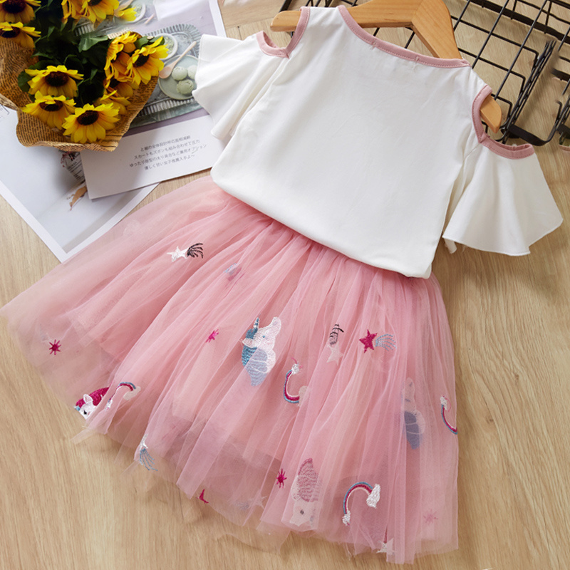 Princess skirt girls cartoon sleeve letter T-shirt + cartoon embroidery skirt 2 piece dress