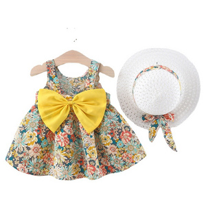 Bear Learder Summer Toddler Girl Clothes Set Baby Beach Dresses Bow Floral Cotton Newborn Princess Dress + Sunhat Kids Clothes