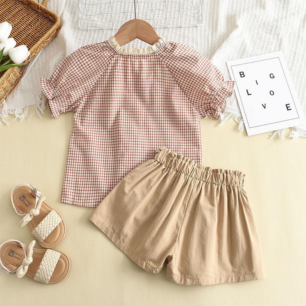 Bear Leader Summer New Girls Suit Fashionable And Foreign Cute Fasual Lace Collar Plaid Short Sleeve Suit