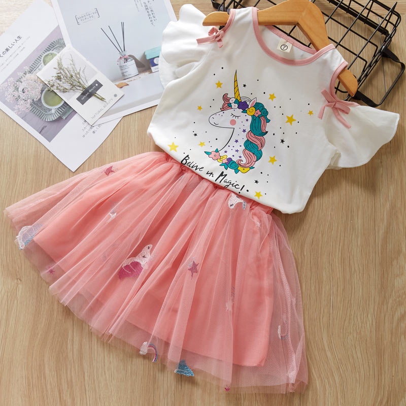 Princess skirt girls cartoon sleeve letter T-shirt + cartoon embroidery skirt 2 piece dress