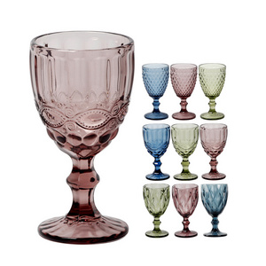 Beauchy hot selling blue champagne wine glass goblet colored vintage embossed pressed colored stemware wine goblet