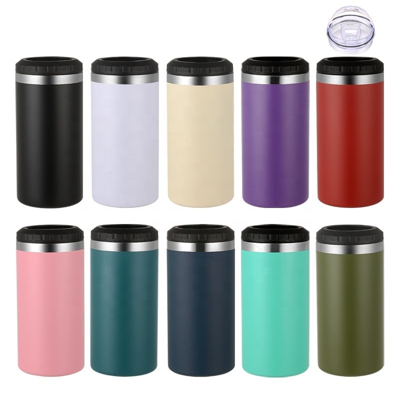 4 in 1 Insulated Slim Can Cooler with lid for 16oz Tall Straight Can cooler Beer Bottle Stainless Steel Double Walled Insulated