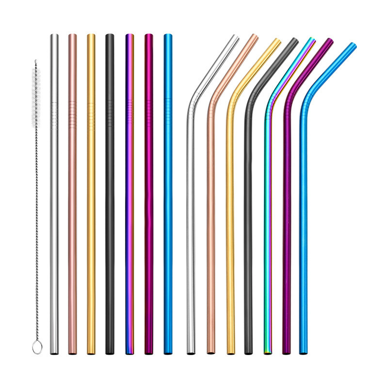 Colorful 304 Stainless Steel Straws Reusable Drinking Straw High Quality Bent Metal Straw with Cleaner Brush