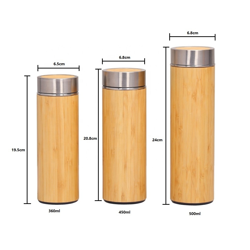 New 500ml smart bamboo vacuum flask double wall stainless steel insulated Bamboo Water Bottle with tea infuser