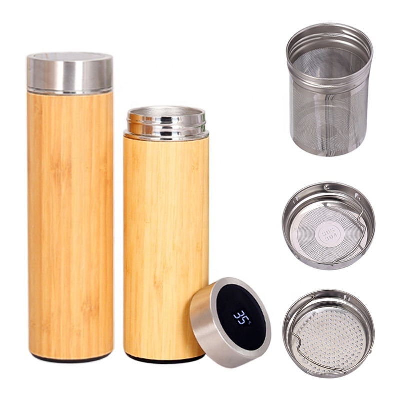 New 500ml smart bamboo vacuum flask double wall stainless steel insulated Bamboo Water Bottle with tea infuser