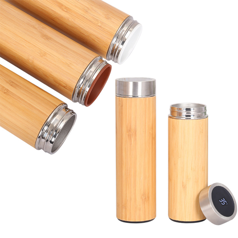 New 500ml smart bamboo vacuum flask double wall stainless steel insulated Bamboo Water Bottle with tea infuser