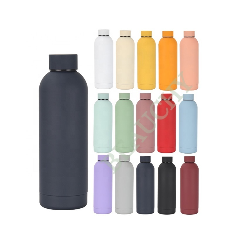 wholesale eco custom colorful double wall thermo flask 500ml stainless steel rubber matte paint outdoor small mouth water bottle