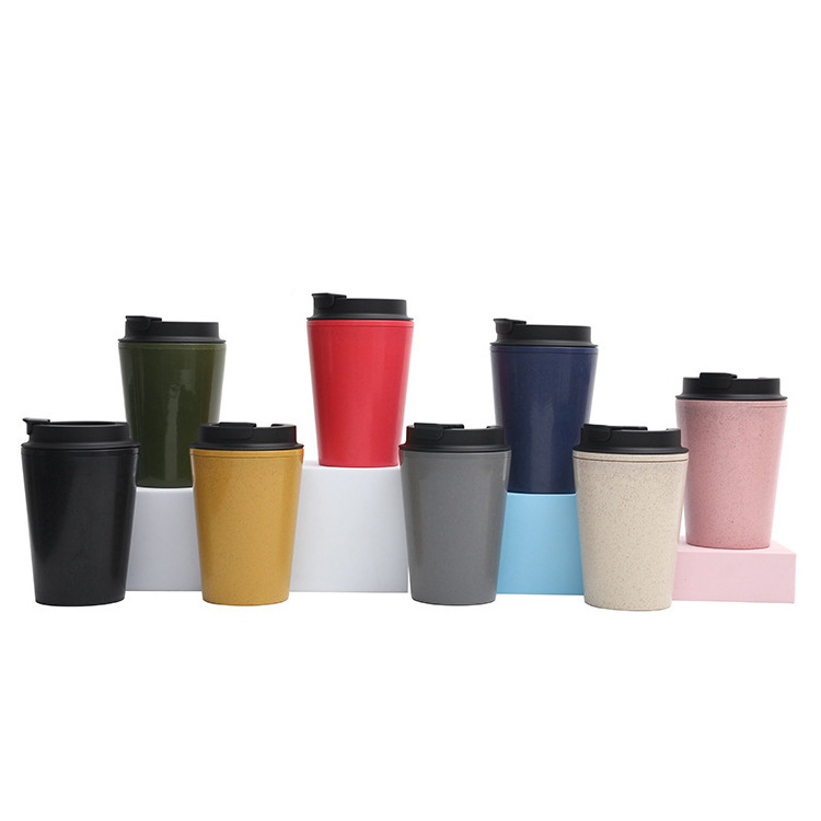 Beauchy Custom Logo Coffee Mug Double Wall PP Plastic Tumblers Biodegradable Wheat Straw Coffee Mug Tumbler Cup With Handle lid