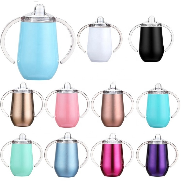 10oz Double Wall Egg Shape 304 Stainless Steel Toddler Straw Sippy Cup With Handle Baby Sippy Tumbler Cup