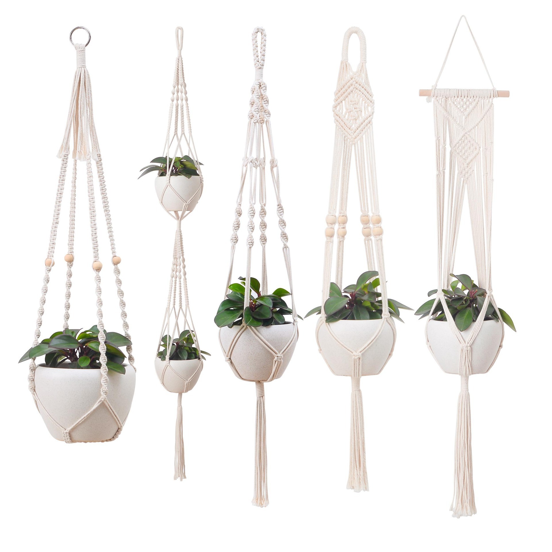 Macrame Plant Hanger Indoor Hanging Planter Basket with Wood Beads Decorative Flower Pot Holder