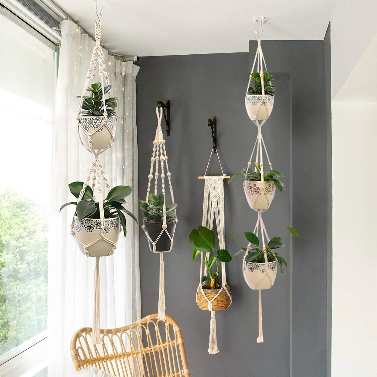 Boho Home Macrame Handmade Plant Hangers Indoor Hanging Macrame Planters Basket with Hooks Flower Pots Plant Hanger