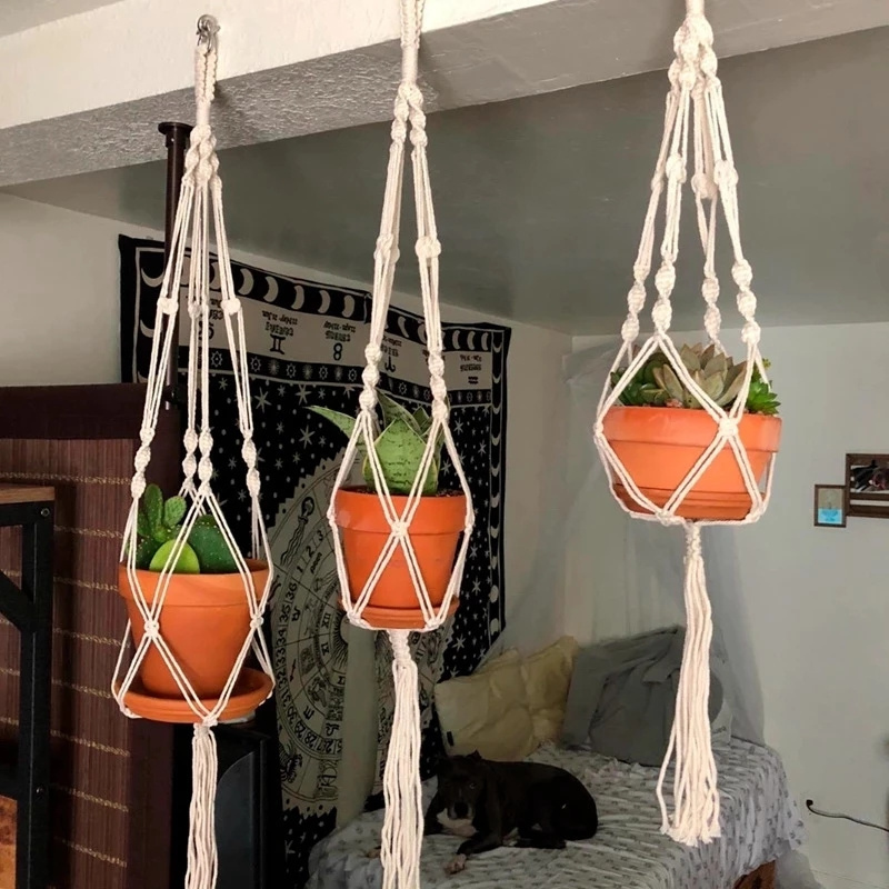 Boho Home Macrame Handmade Plant Hangers Indoor Hanging Macrame Planters Basket with Hooks Flower Pots Plant Hanger