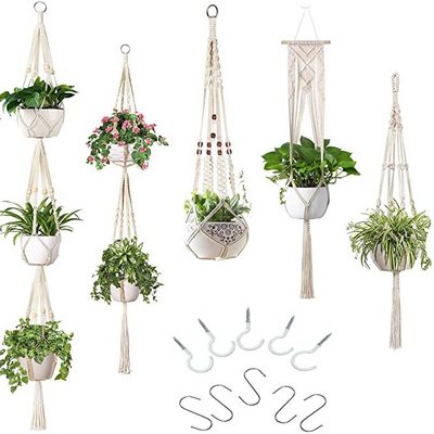 Boho Home Macrame Handmade Plant Hangers Indoor Hanging Macrame Planters Basket with Hooks Flower Pots Plant Hanger