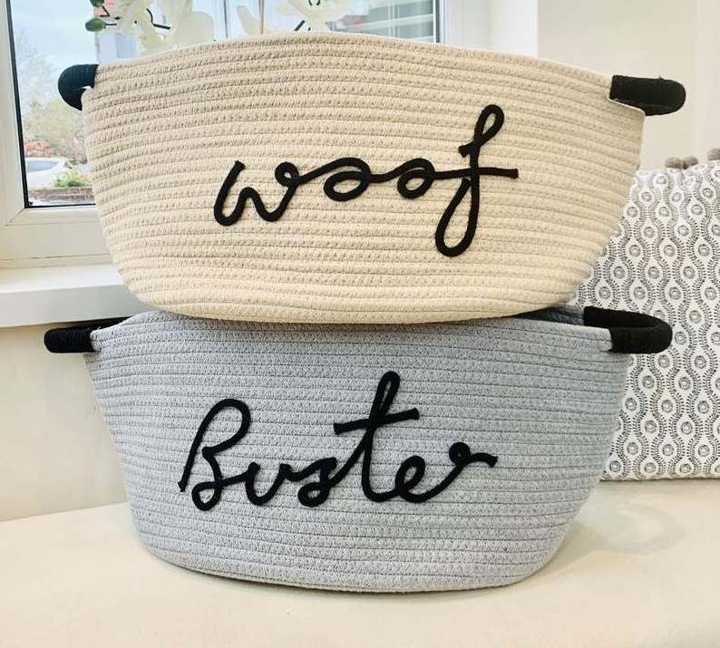 Personalized Pet Gift Woof Woven Rope Storage Basket Dog Toys storage Basket for Laundry Organizer Blanket Storage,