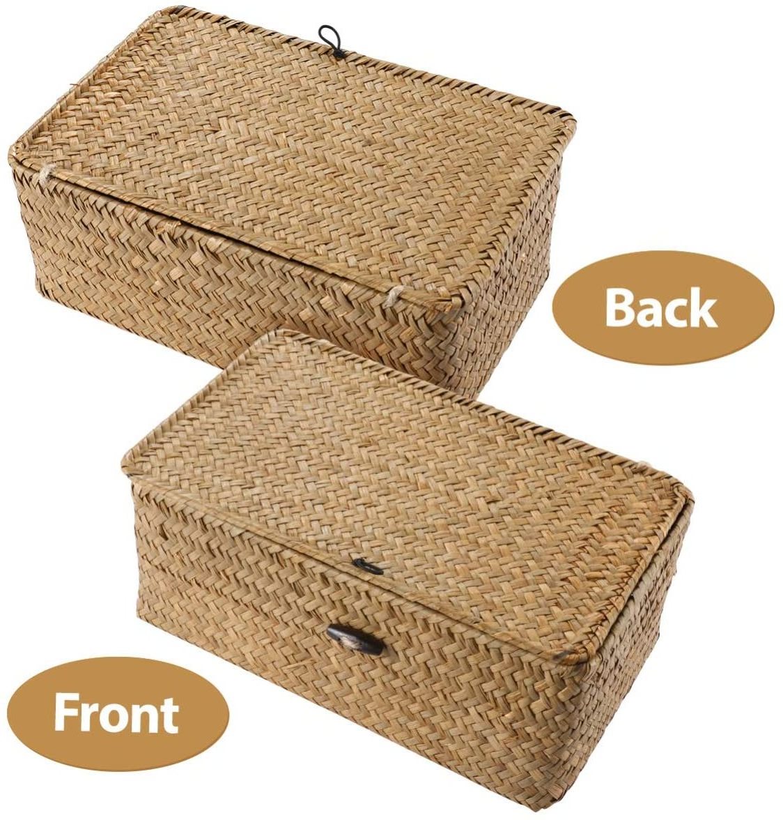 Custom Home Bath Cosmetic Towel Organization Handicraft Handmade Seaweed Finishing Storage Box Woven Seagrass Basket With Lid