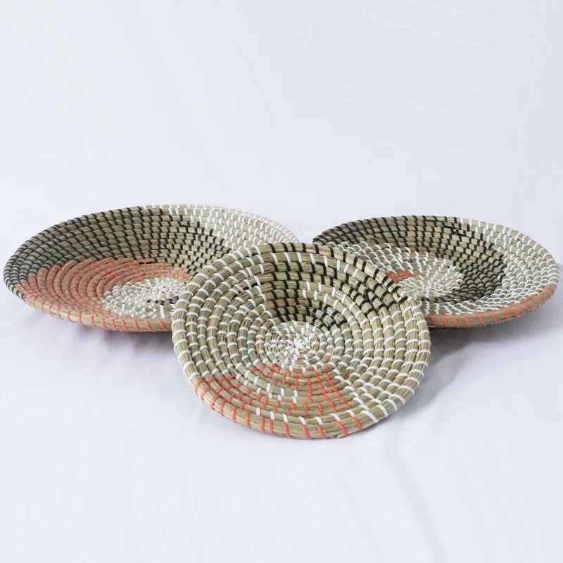 3Pcs/Set Boho Style Woven Wall Basket Decor Handmade Seagrass Hanging Decorative Tray Bowl Fruit Dessert Plate