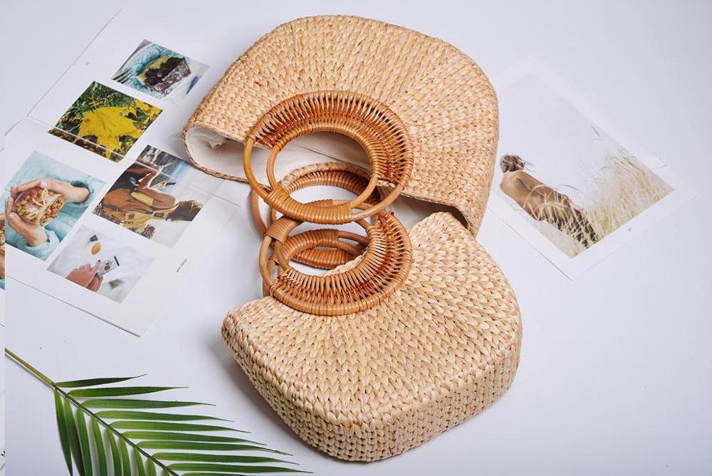 100% Hand-made nature Straw bag Summer Half Moon Shape Holiday Tote Bag