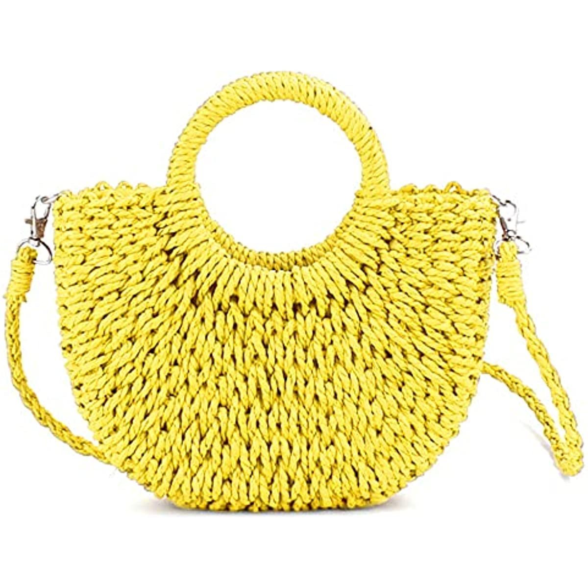 Mini Semi-circle Straw Bag Hand-woven Women Summer Retro Beach Tote Shoulder Bag Crossbody Travel Beach Bag