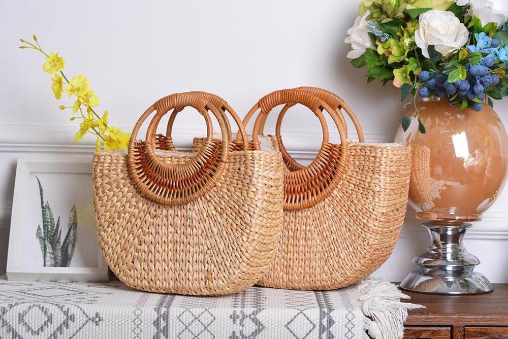 100% Hand-made nature Straw bag Summer Half Moon Shape Holiday Tote Bag