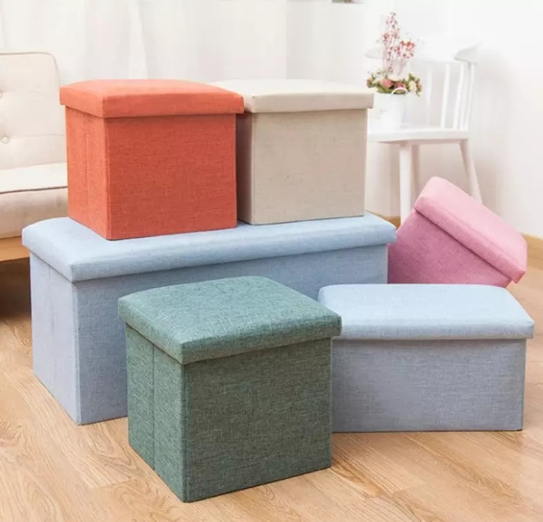 Custom Logo Living Room Furniture Fabric Linen Leather Collapsible Toy Footrest Foldable Storage Box Stools Ottoman Bench