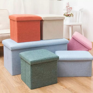 Custom Logo Living Room Furniture Fabric Linen Leather Collapsible Toy Footrest Foldable Storage Box Stools Ottoman Bench