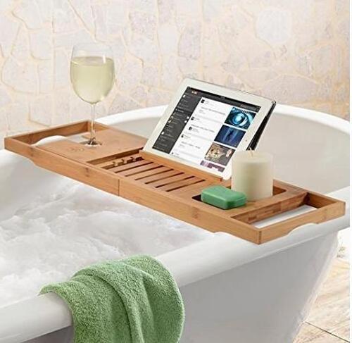 Bamboo Bathtub Shelf Simple Multifunctional Folding Storage Rack With Leaning Board Retractable Bathroom Shelf