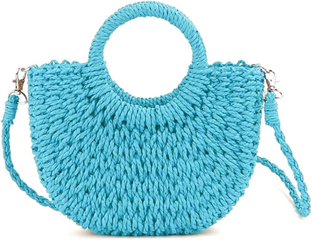 Mini Semi-circle Straw Bag Hand-woven Women Summer Retro Beach Tote Shoulder Bag Crossbody Travel Beach Bag