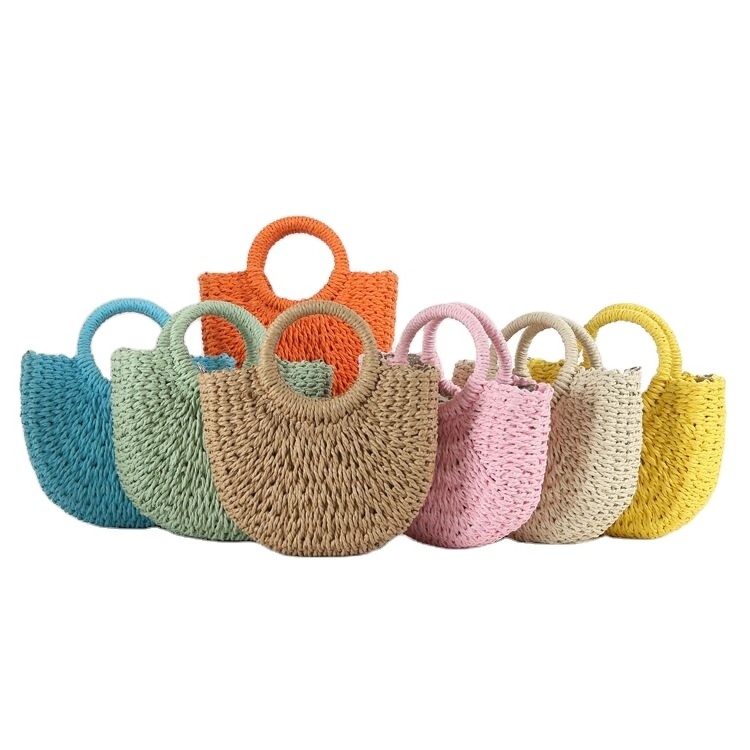 Mini Semi-circle Straw Bag Hand-woven Women Summer Retro Beach Tote Shoulder Bag Crossbody Travel Beach Bag