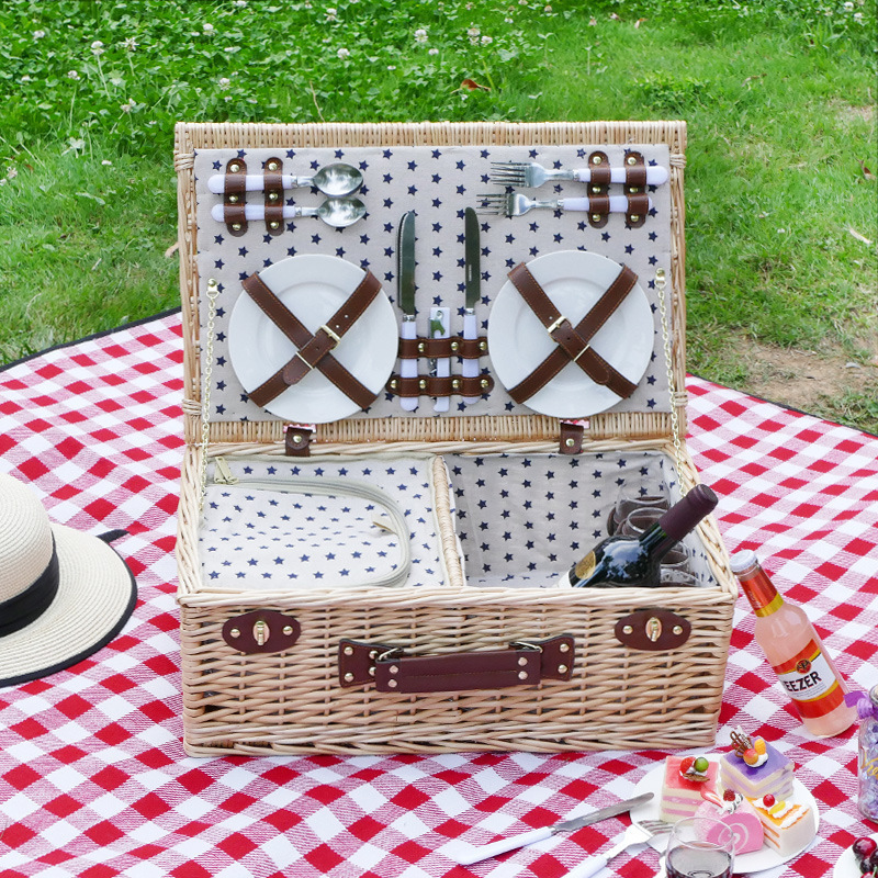 Rattan Hand Woven Foldable Picnic Basket Outdoor Handbasket For Fruit Basket Set Willow Classic Picnic Basket Sets for Camping