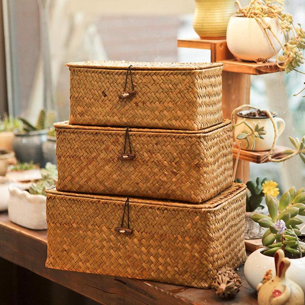 Custom Home Bath Cosmetic Towel Organization Handicraft Handmade Seaweed Finishing Storage Box Woven Seagrass Basket With Lid