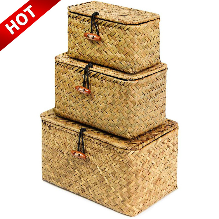 Custom Home Bath Cosmetic Towel Organization Handicraft Handmade Seaweed Finishing Storage Box Woven Seagrass Basket With Lid