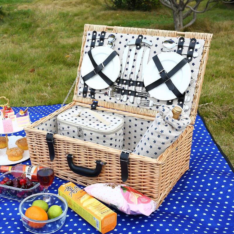 Rattan Hand Woven Foldable Picnic Basket Outdoor Handbasket For Fruit Basket Set Willow Classic Picnic Basket Sets for Camping