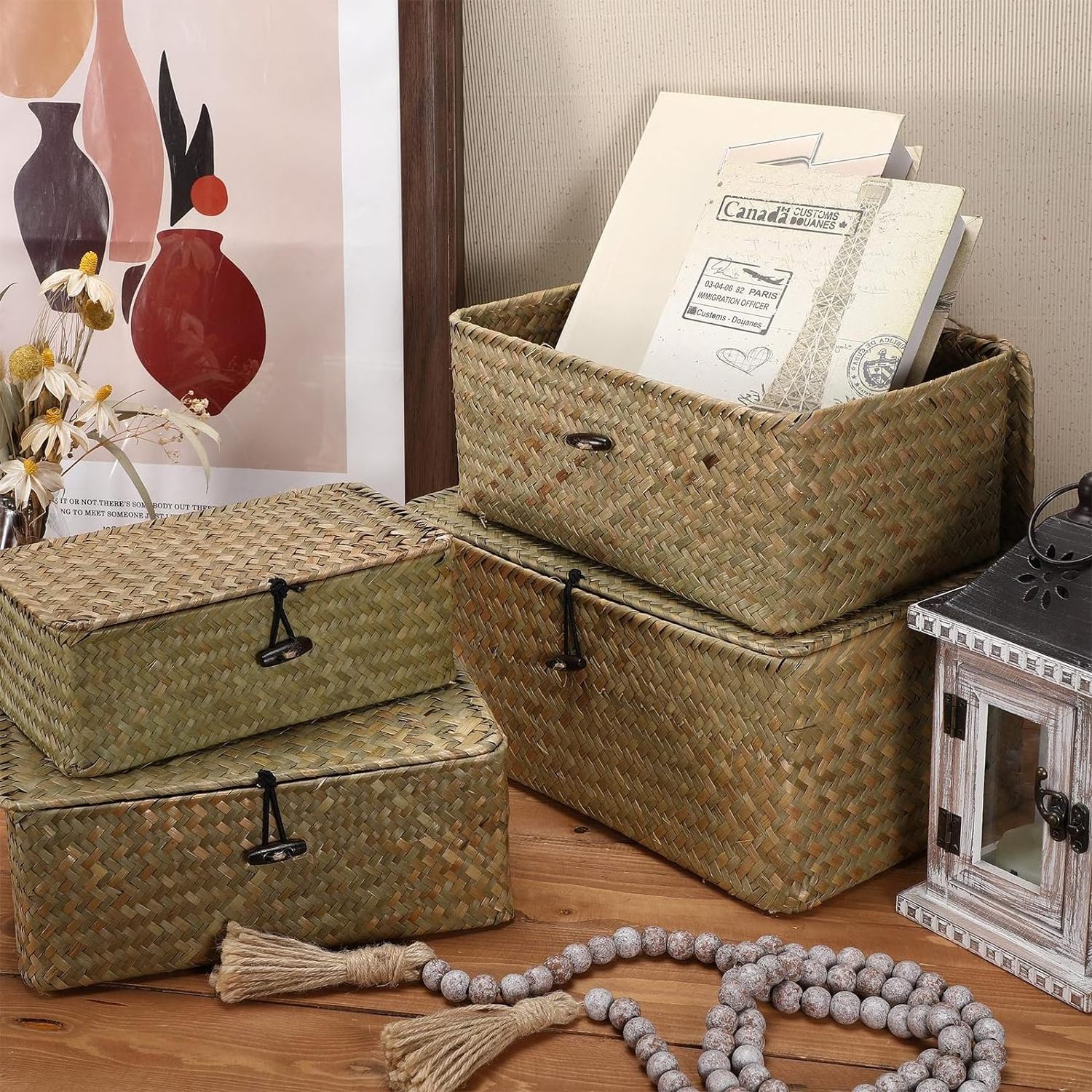 Seagrass Basket with Lids Rattan Wicker Storage Basket Handwoven Storage Boxes  Multipurpose Woven Basket Bins for Shelf Closet