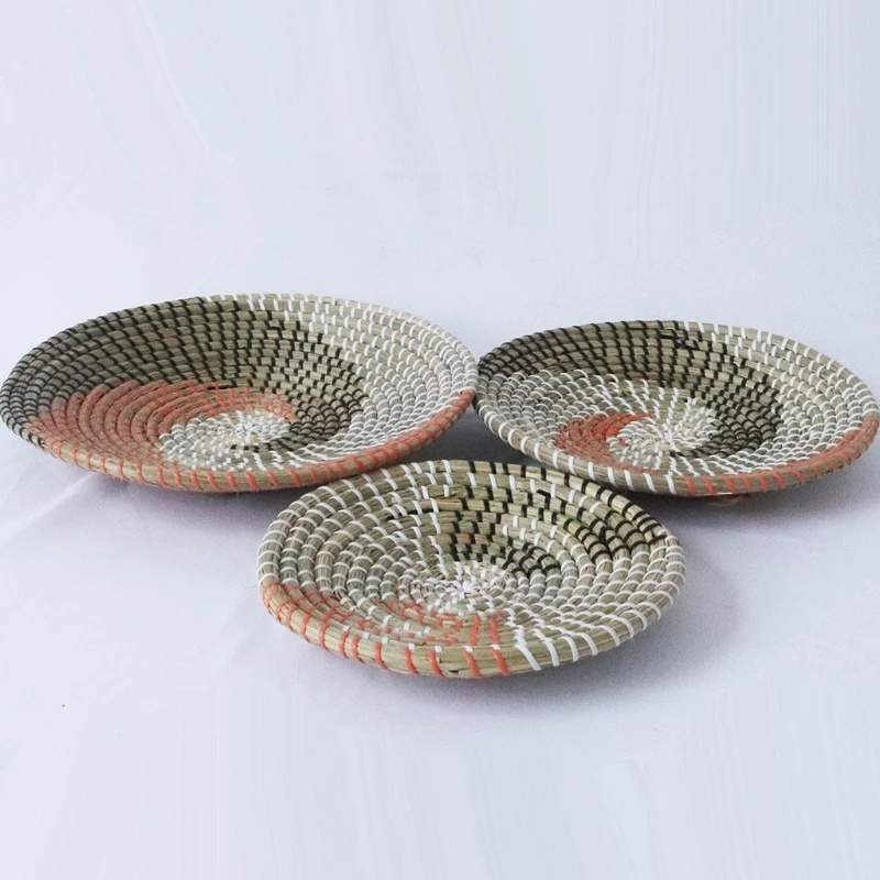 3Pcs/Set Boho Style Woven Wall Basket Decor Handmade Seagrass Hanging Decorative Tray Bowl Fruit Dessert Plate