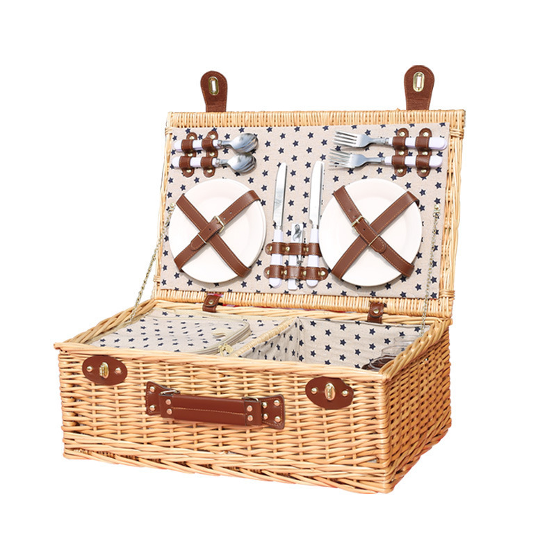 Rattan Hand Woven Foldable Picnic Basket Outdoor Handbasket For Fruit Basket Set Willow Classic Picnic Basket Sets for Camping