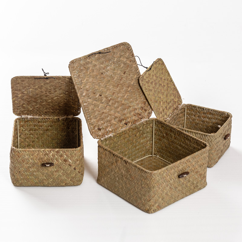 Custom Home Bath Cosmetic Towel Organization Handicraft Handmade Seaweed Finishing Storage Box Woven Seagrass Basket With Lid