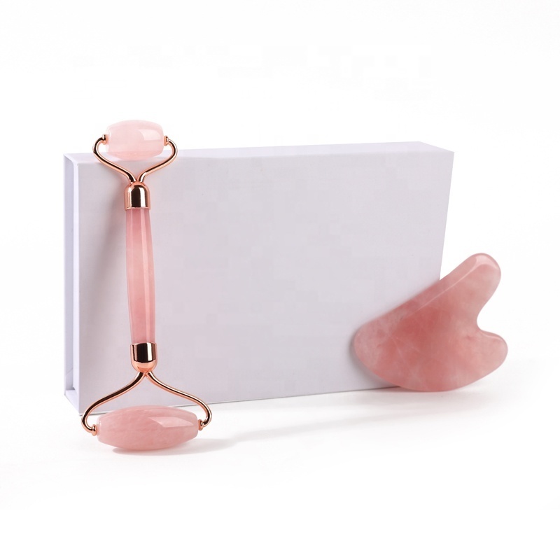 Wholesale Pink Quartz Crystal Stone Facial Massager Jade Guasha Roller Set