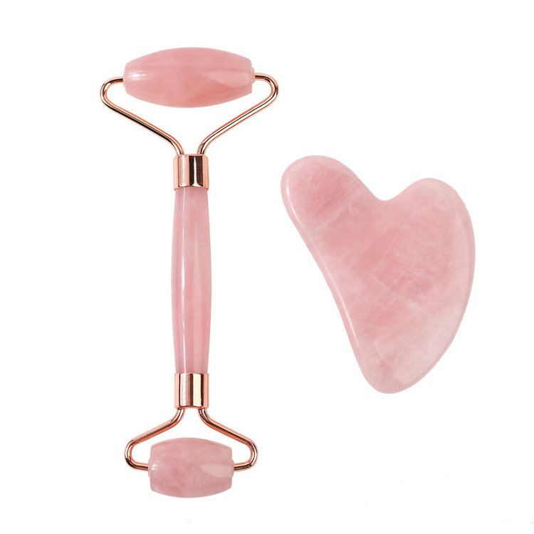 Natural crystal facial skin beauty massage jade stone rose quartz face roller gua sha set