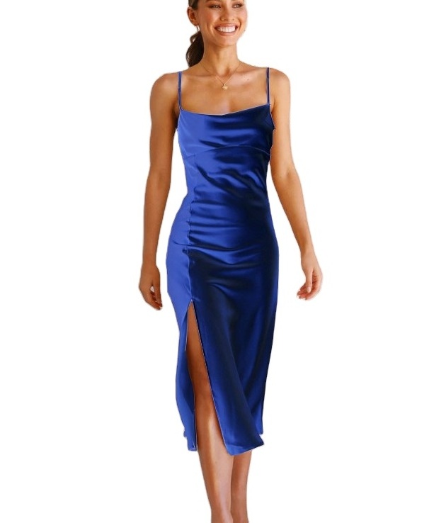 Hot Sale Sexy base  slip dress Women Fitness party max dress shinny satin fabric Women High Dress