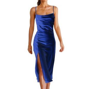 Hot Sale Sexy base  slip dress Women Fitness party max dress shinny satin fabric Women High Dress